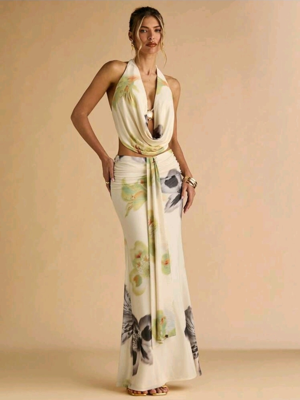 BAE Two-Piece Set Flower Print Shell Metal Decor Halte Top & Pleated Long Skirts - Picture 6 of 7